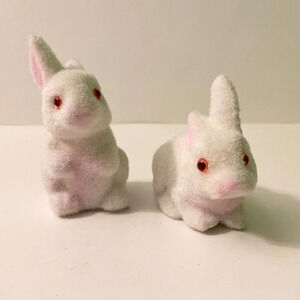Vintage Lot of  2 Flocked White Bunny Rabbit Miniature Figures Red Eyes